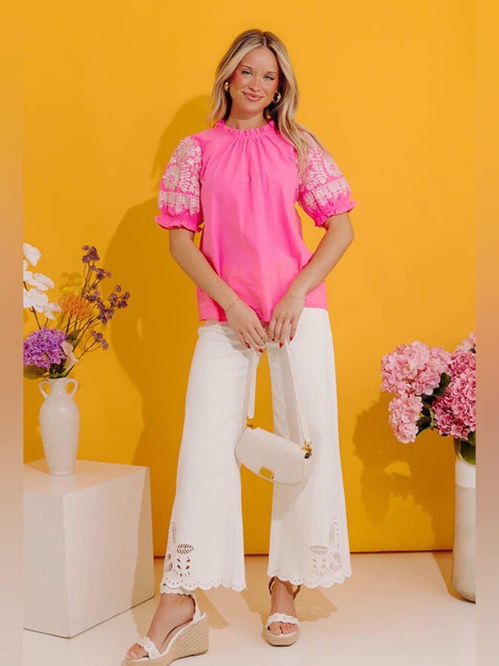 SOLD THML Pink Puff Sleeve with Floral Embroidery Ruffle Neck Top Size Small - Picture 9 of 9